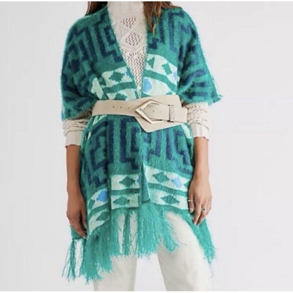 FREE PEOPLE Women's Diamondback Boho Aztec Geometric Cozy Kimono In Emerald O/S